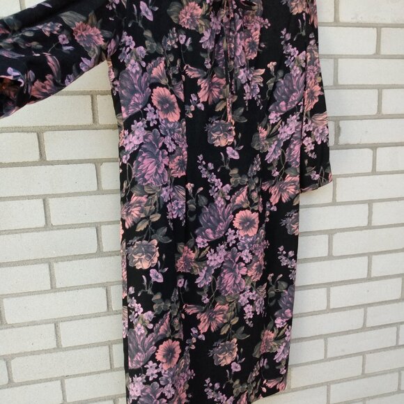 Vintage 60s Dress 40" Bust Black Pink Mauve Floral Drawstring Neckline - Picture 5 of 14